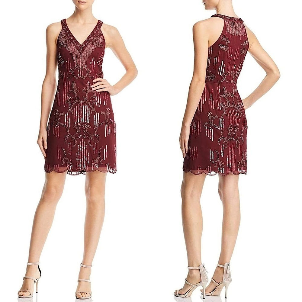 AIDAN‎ MATTOX Beaded Fringe Sequined Tulle V-Neck Sleeveless Scallop Hem Dress 2